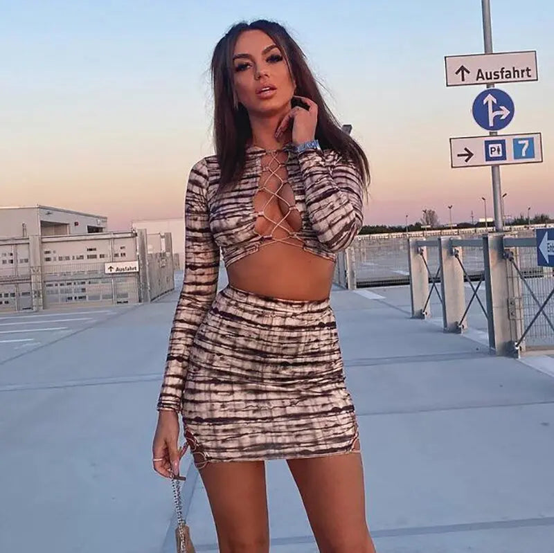 Print Satin Long Sleeve Bandage Crop Top Mini Dress 2 Pieces Set - Blade & Thread