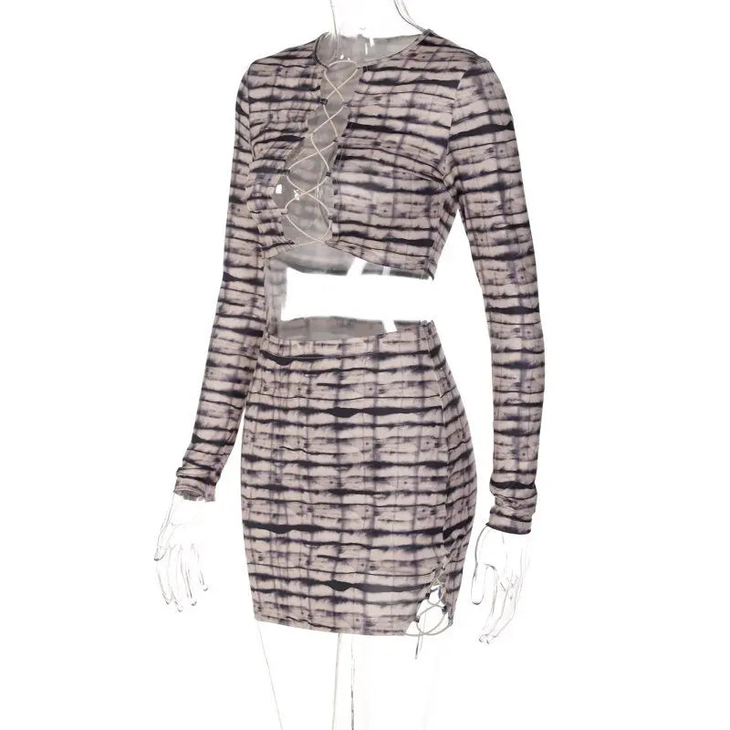 Print Satin Long Sleeve Bandage Crop Top Mini Dress 2 Pieces Set - Blade & Thread