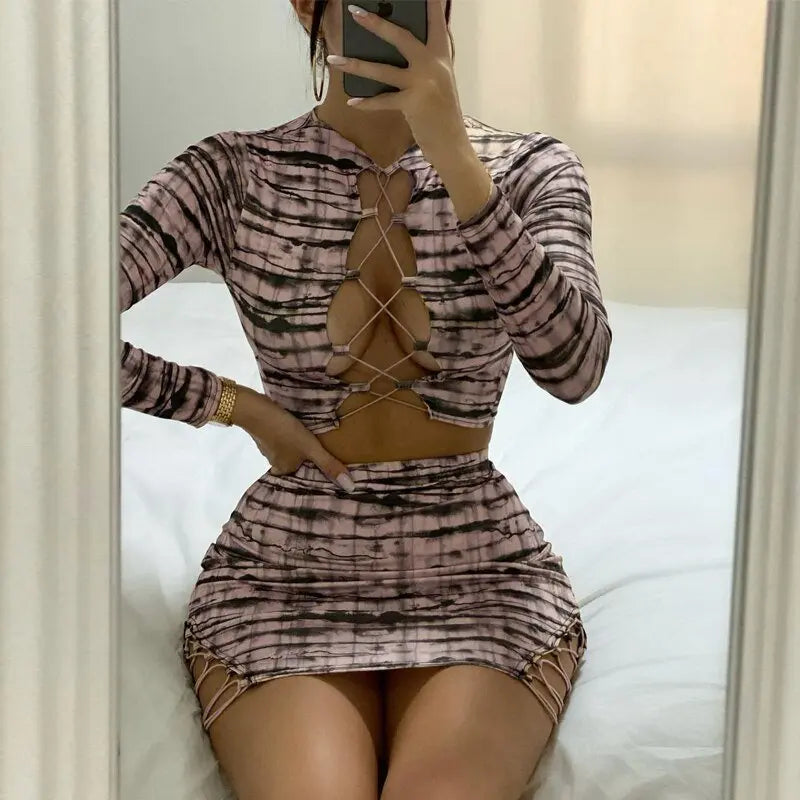 Print Satin Long Sleeve Bandage Crop Top Mini Dress 2 Pieces Set - Blade & Thread