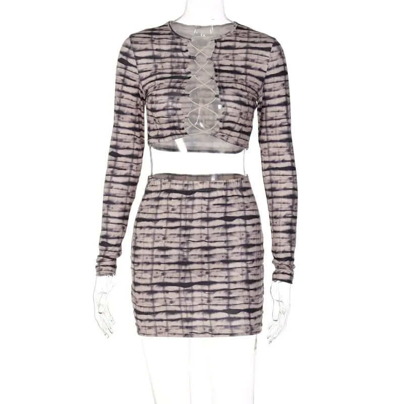 Print Satin Long Sleeve Bandage Crop Top Mini Dress 2 Pieces Set - Blade & Thread