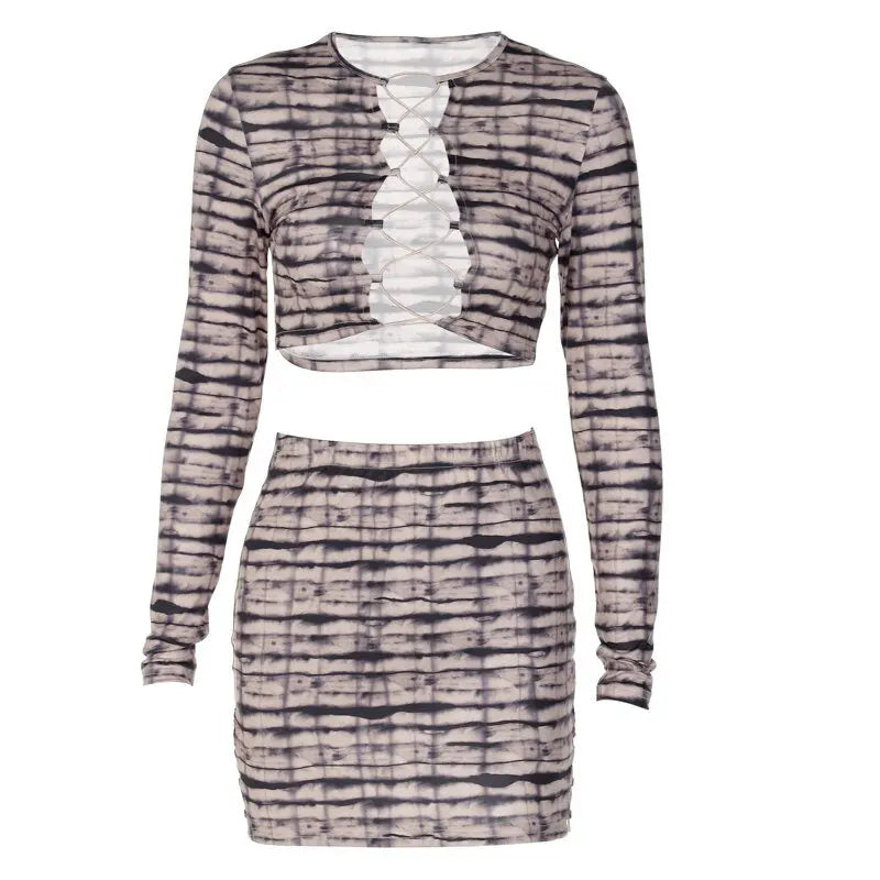 Print Satin Long Sleeve Bandage Crop Top Mini Dress 2 Pieces Set - Blade & Thread