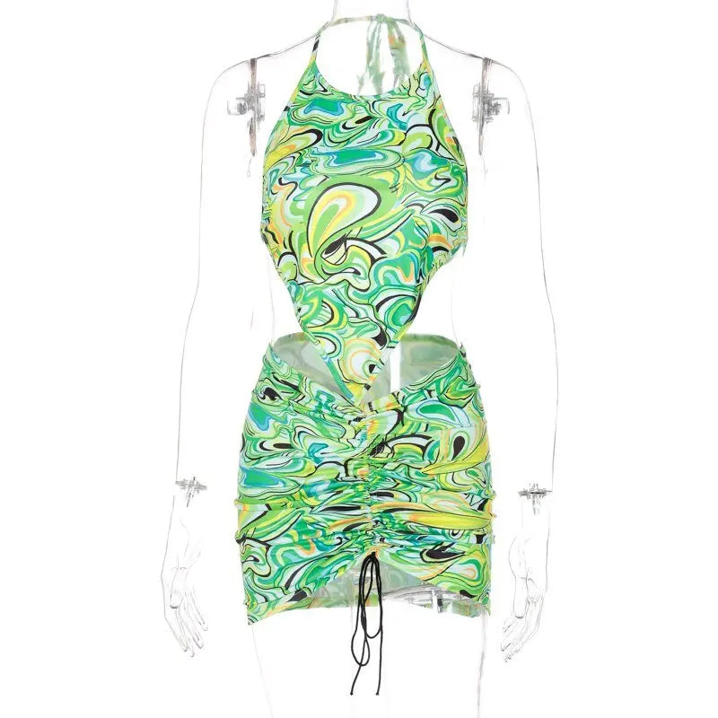 Print Sleeveless Bodycon Strapless Hollow Out Sexy Mini Dress Streetwear Outfits - Blade & Thread