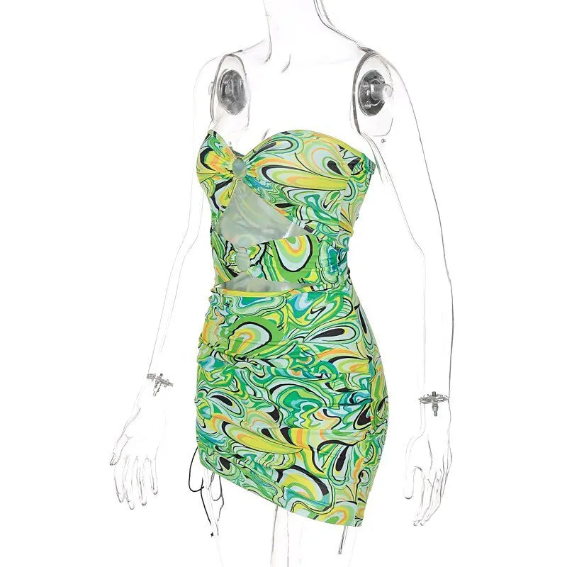 Print Sleeveless Bodycon Strapless Hollow Out Sexy Mini Dress Streetwear Outfits - Blade & Thread