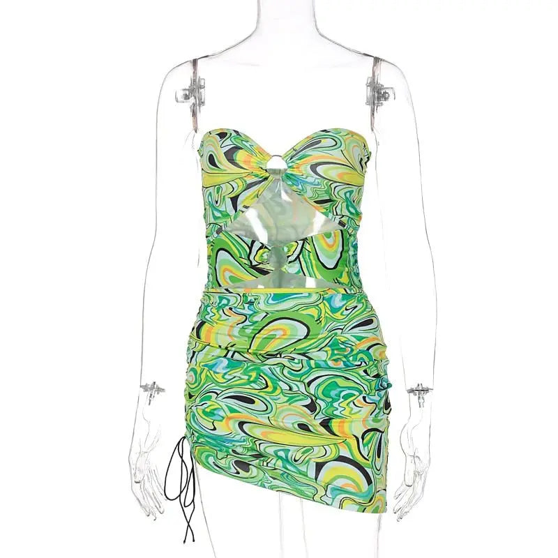 Print Sleeveless Bodycon Strapless Hollow Out Sexy Mini Dress Streetwear Outfits - Blade & Thread
