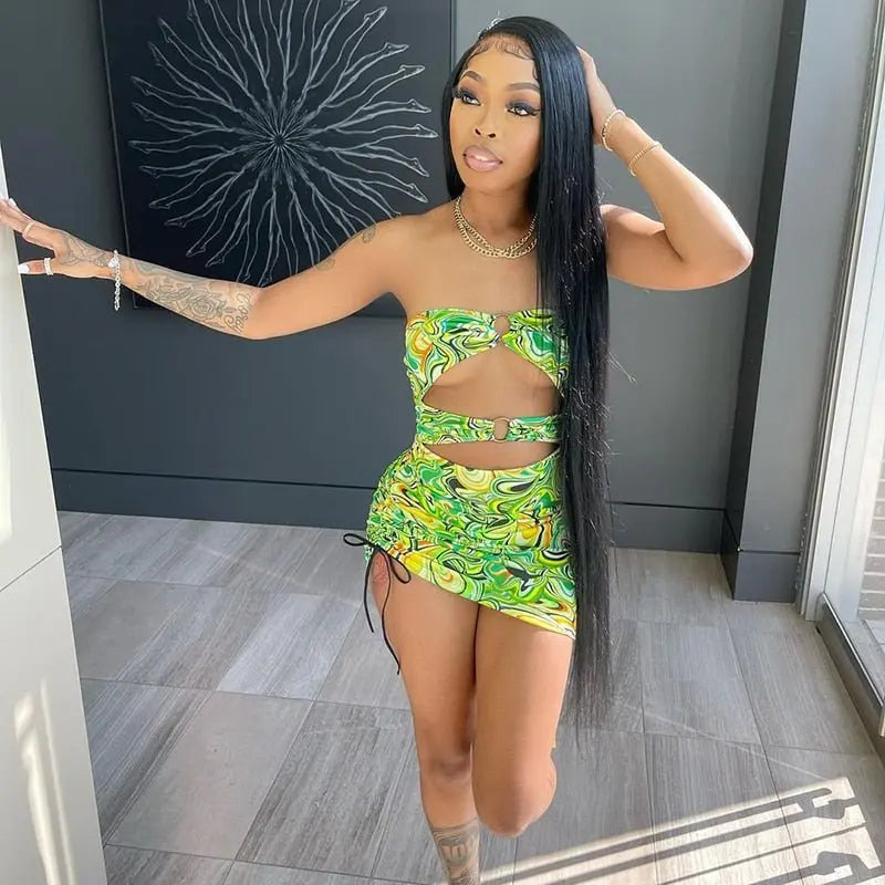 Print Sleeveless Bodycon Strapless Hollow Out Sexy Mini Dress Streetwear Outfits - Blade & Thread