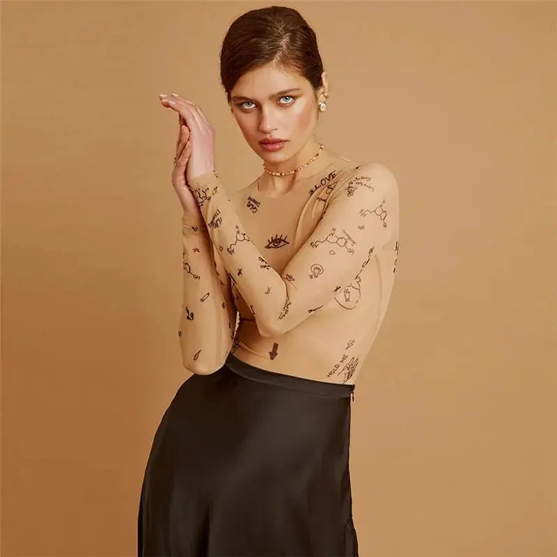 Print tight-fitting one-piece Top Women Long-Sleeved Bodysuits O-Neck - Blade & Thread