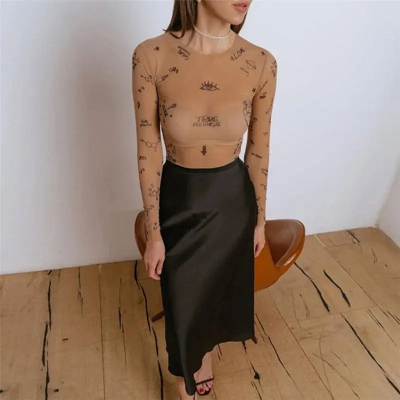 Print tight-fitting one-piece Top Women Long-Sleeved Bodysuits O-Neck - Blade & Thread