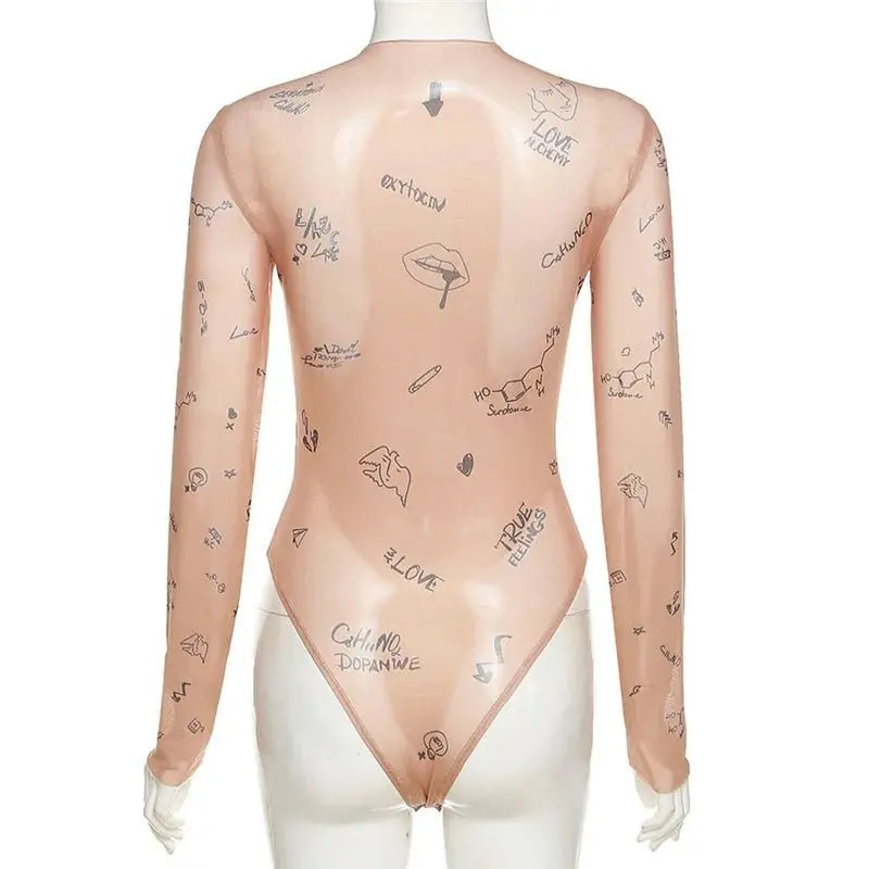 Print tight-fitting one-piece Top Women Long-Sleeved Bodysuits O-Neck - Blade & Thread