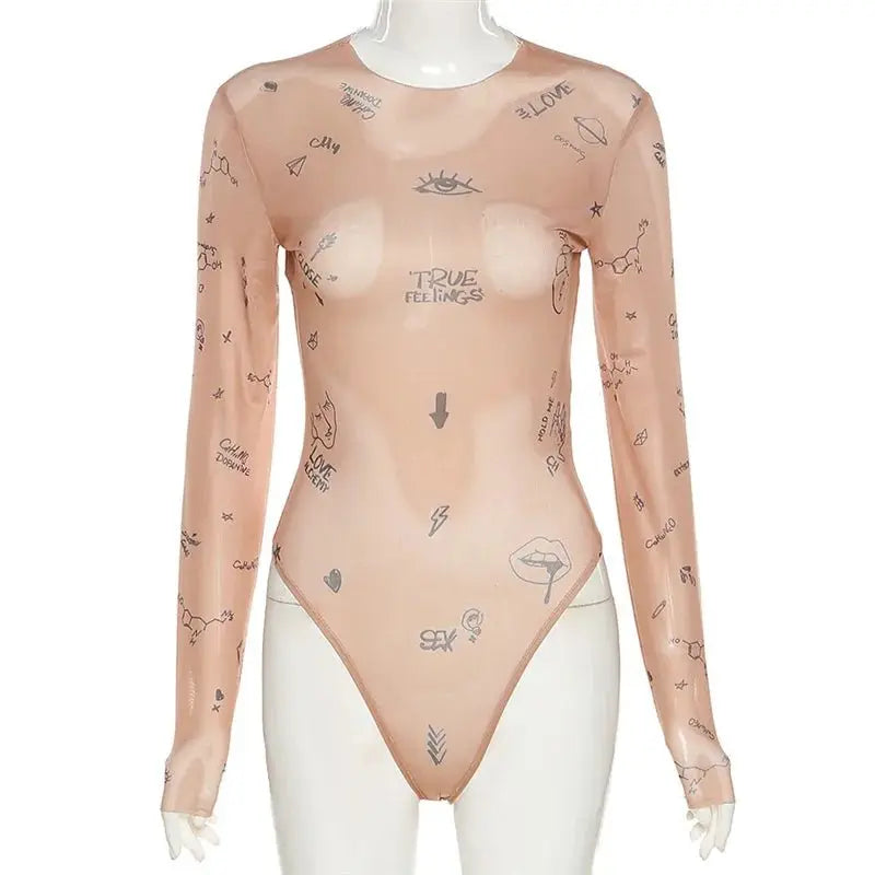 Print tight-fitting one-piece Top Women Long-Sleeved Bodysuits O-Neck - Blade & Thread