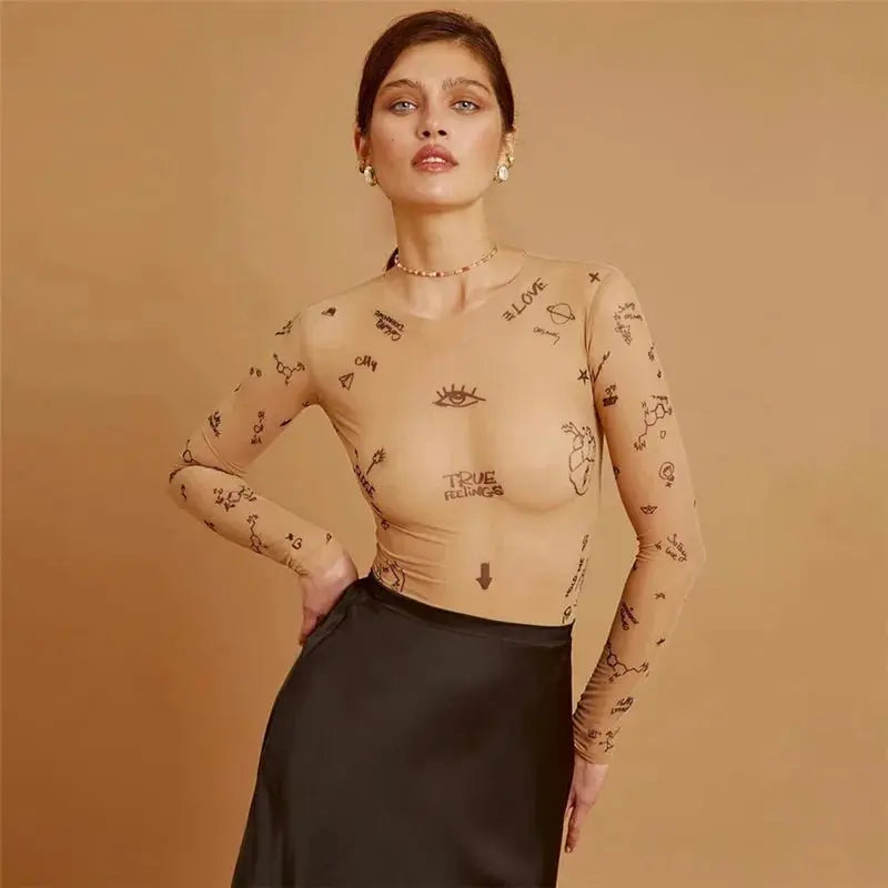 Print tight-fitting one-piece Top Women Long-Sleeved Bodysuits O-Neck - Blade & Thread