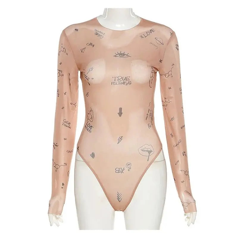 Print tight-fitting one-piece Top Women Long-Sleeved Bodysuits O-Neck - Blade & Thread
