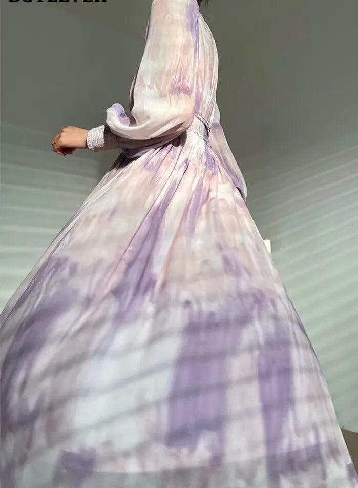 Printed Dress V-neck Long Sleeve Single-breasted Women A-line Dress vestidos - Blade & Thread