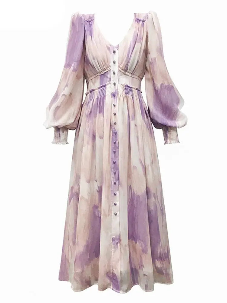 Printed Dress V-neck Long Sleeve Single-breasted Women A-line Dress vestidos - Blade & Thread