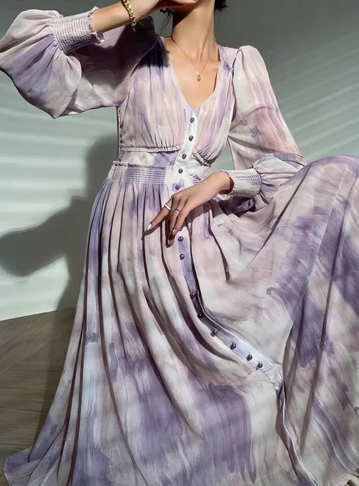 Printed Dress V-neck Long Sleeve Single-breasted Women A-line Dress vestidos - Blade & Thread