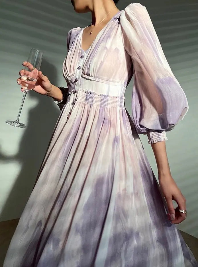 Printed Dress V-neck Long Sleeve Single-breasted Women A-line Dress vestidos - Blade & Thread