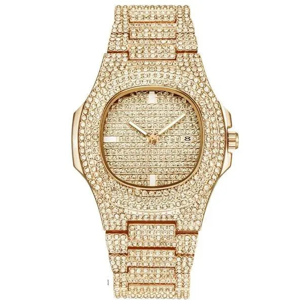 Gold Necklace +Watch+Bracelet Miami Curb Cuban Chain Gold Full Iced Out Paved Rhinestones CZ Bling nowadaysfashion