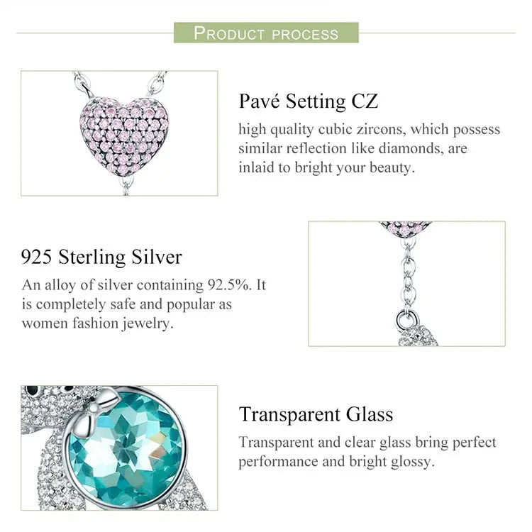 Sterling Silver Pink Heart And Cute Bear Pendant Necklaces for Valentine's birthday gift nowadaysfashion