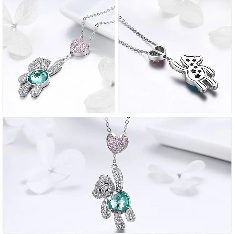 Sterling Silver Pink Heart And Cute Bear Pendant Necklaces for Valentine's birthday gift nowadaysfashion