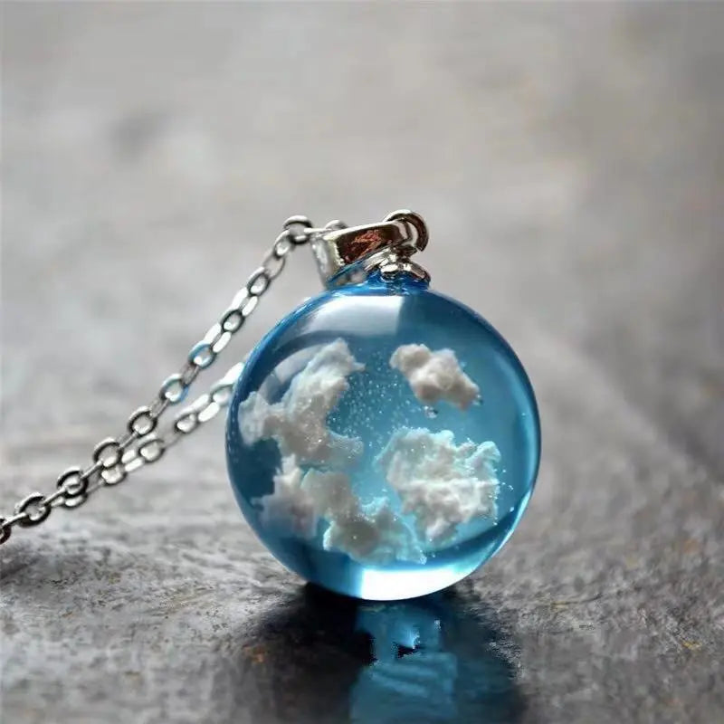 Resin Rould Ball Moon Pendant Necklace Women Blue Sky White Cloud Necklace nowadaysfashion