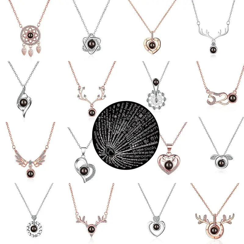 100 languages of love necklace Projection Pendant Necklace For Women Crystal Jewelry nowadaysfashion