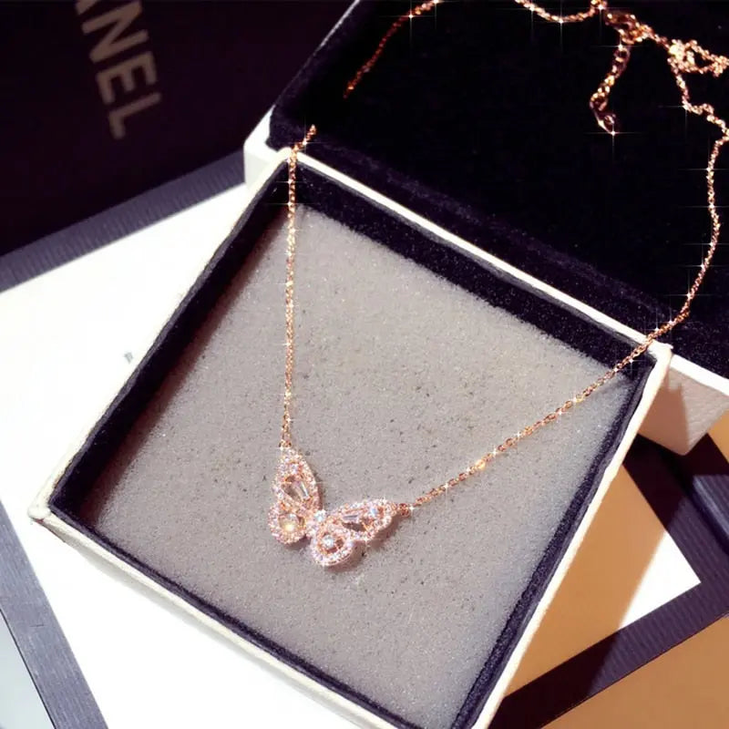 Ins New Arrive Zirconia Butterfly Necklace Charm Bling CZ Rose Gold Butterfly Jewelry nowadaysfashion