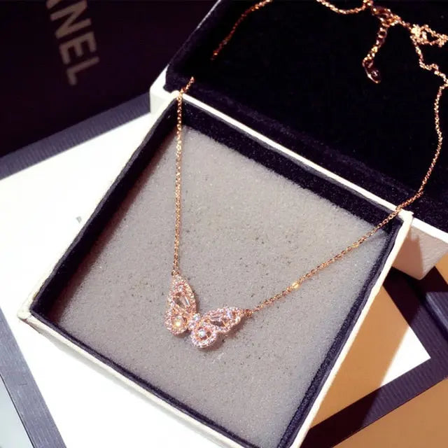 Ins New Arrive Zirconia Butterfly Necklace Charm Bling CZ Rose Gold Butterfly Jewelry nowadaysfashion