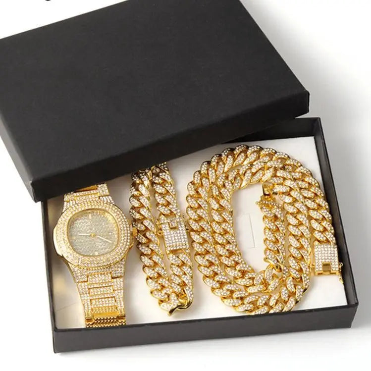Gold Necklace +Watch+Bracelet Miami Curb Cuban Chain Gold Full Iced Out Paved Rhinestones CZ Bling nowadaysfashion