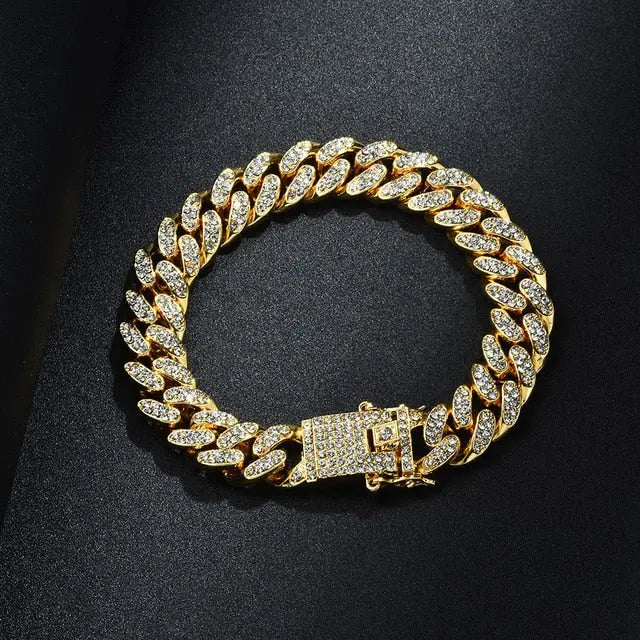 Gold Necklace +Watch+Bracelet Miami Curb Cuban Chain Gold Full Iced Out Paved Rhinestones CZ Bling nowadaysfashion