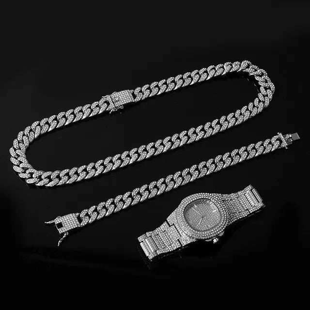 Gold Necklace +Watch+Bracelet Miami Curb Cuban Chain Gold Full Iced Out Paved Rhinestones CZ Bling nowadaysfashion