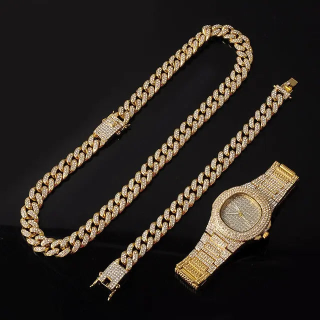 Gold Necklace +Watch+Bracelet Miami Curb Cuban Chain Gold Full Iced Out Paved Rhinestones CZ Bling nowadaysfashion
