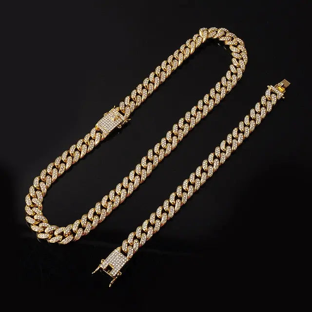 Gold Necklace +Watch+Bracelet Miami Curb Cuban Chain Gold Full Iced Out Paved Rhinestones CZ Bling nowadaysfashion