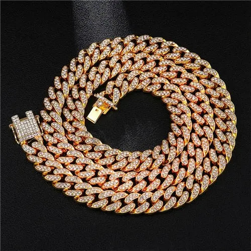 Gold Necklace +Watch+Bracelet Miami Curb Cuban Chain Gold Full Iced Out Paved Rhinestones CZ Bling nowadaysfashion
