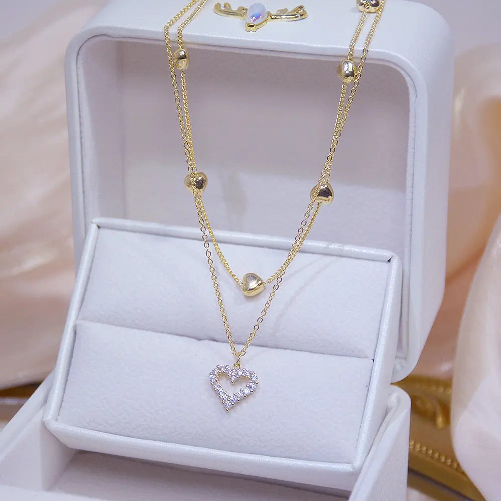 Gold Double layer Heart Necklace Shining Bling AAA Zircon Women Clavicle Chain Elegant Charm nowadaysfashion