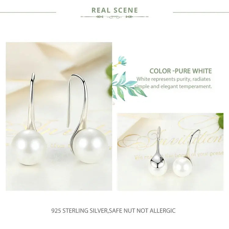 nowadaysfashion Sterling Silver Elegant Round Pure Love Pearl Drop Earrings nowadaysfashion