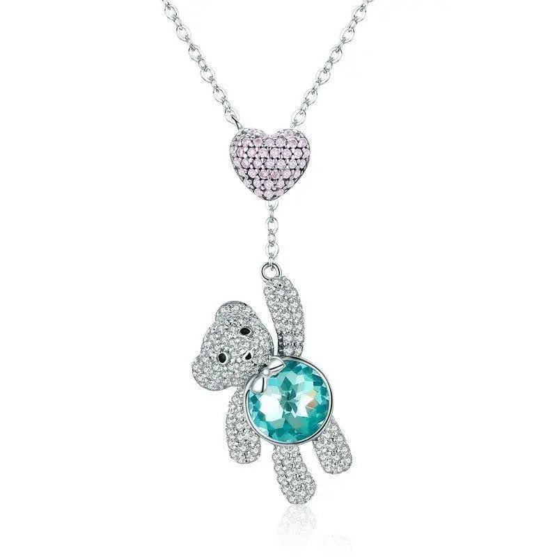 Sterling Silver Pink Heart And Cute Bear Pendant Necklaces for Valentine's birthday gift nowadaysfashion