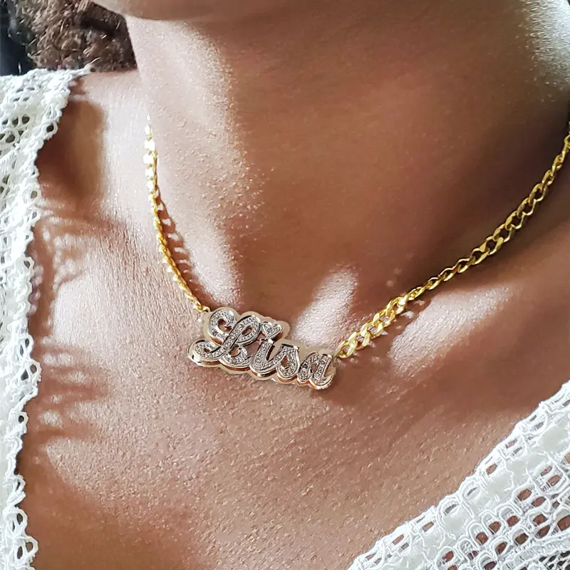 nowadaysfashion Double plate name chokers Silver name chokers Personalized Curb chain name chokers Name plate necklace nowadaysfashion