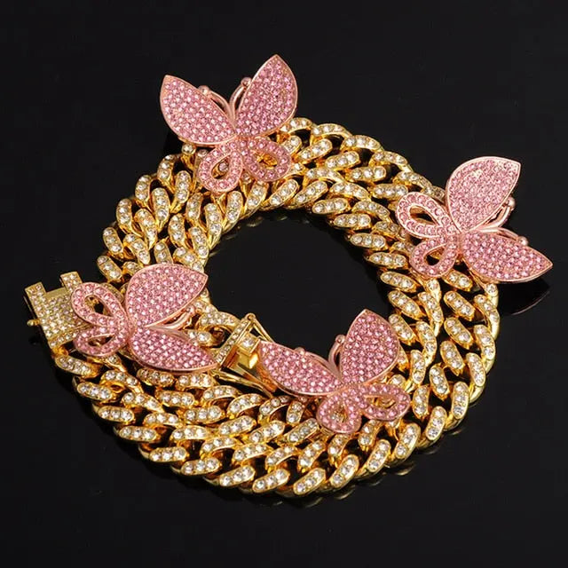 Gold Necklace +Watch+Bracelet Miami Curb Cuban Chain Gold Full Iced Out Paved Rhinestones CZ Bling nowadaysfashion