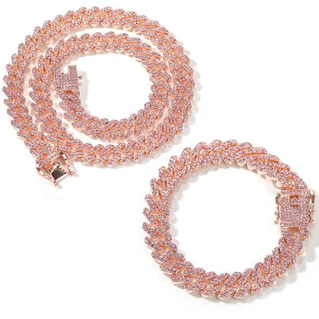 Gold Necklace +Watch+Bracelet Miami Curb Cuban Chain Gold Full Iced Out Paved Rhinestones CZ Bling nowadaysfashion