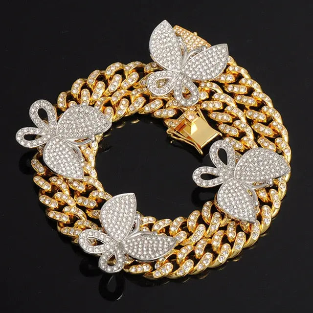 Gold Necklace +Watch+Bracelet Miami Curb Cuban Chain Gold Full Iced Out Paved Rhinestones CZ Bling nowadaysfashion