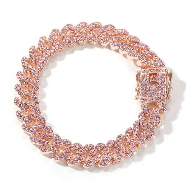 Gold Necklace +Watch+Bracelet Miami Curb Cuban Chain Gold Full Iced Out Paved Rhinestones CZ Bling nowadaysfashion