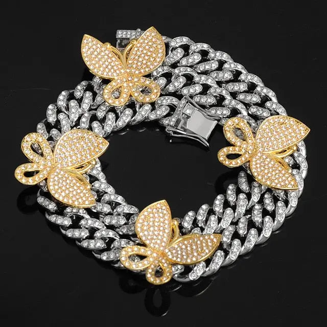 Gold Necklace +Watch+Bracelet Miami Curb Cuban Chain Gold Full Iced Out Paved Rhinestones CZ Bling nowadaysfashion