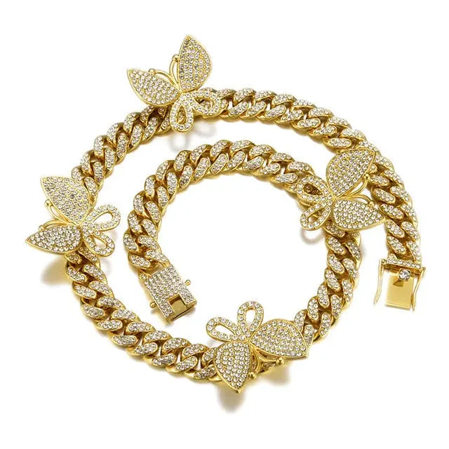 Gold Necklace +Watch+Bracelet Miami Curb Cuban Chain Gold Full Iced Out Paved Rhinestones CZ Bling nowadaysfashion