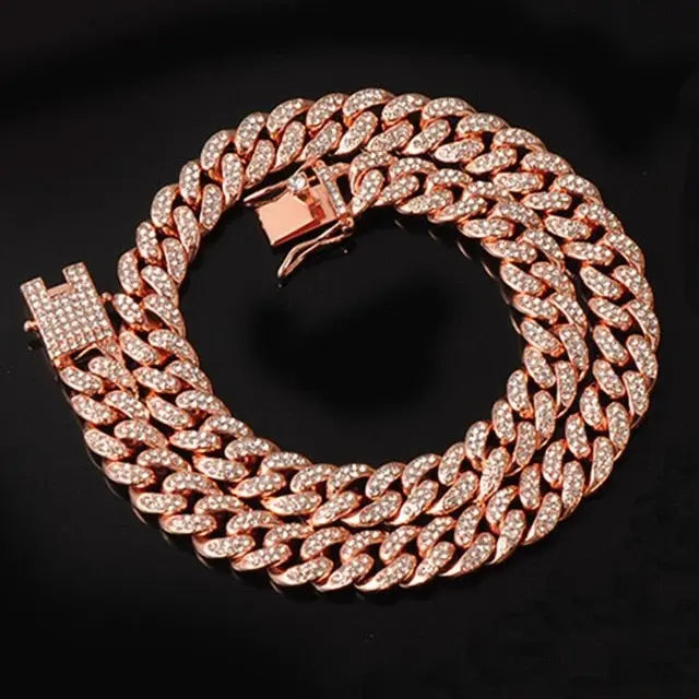 Gold Necklace +Watch+Bracelet Miami Curb Cuban Chain Gold Full Iced Out Paved Rhinestones CZ Bling nowadaysfashion