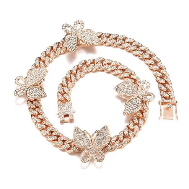 Gold Necklace +Watch+Bracelet Miami Curb Cuban Chain Gold Full Iced Out Paved Rhinestones CZ Bling nowadaysfashion