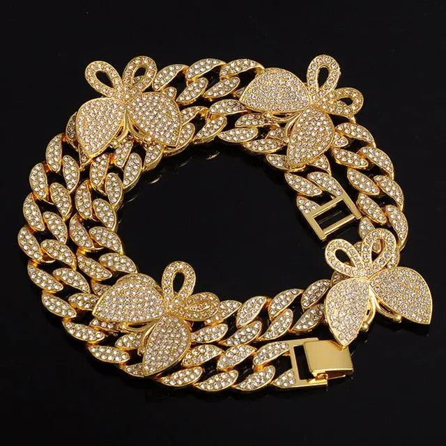 Gold Necklace +Watch+Bracelet Miami Curb Cuban Chain Gold Full Iced Out Paved Rhinestones CZ Bling nowadaysfashion