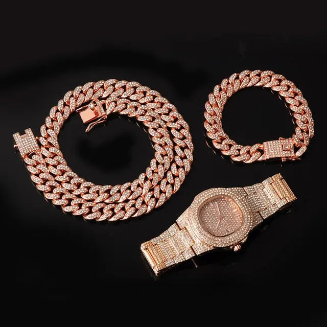 Gold Necklace +Watch+Bracelet Miami Curb Cuban Chain Gold Full Iced Out Paved Rhinestones CZ Bling nowadaysfashion