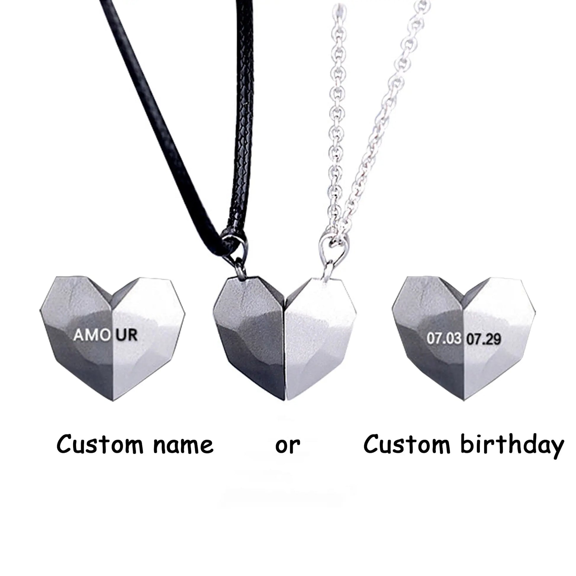 2PCS/set Personalized Custom Name Date Wishing Stone Heart Magnetic Couple Necklace Birthday Gift nowadaysfashion