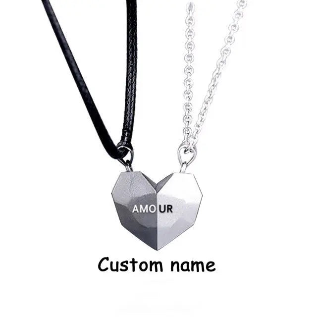 2PCS/set Personalized Custom Name Date Wishing Stone Heart Magnetic Couple Necklace Birthday Gift nowadaysfashion