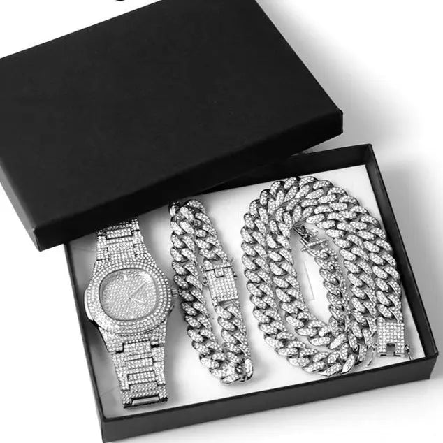 Gold Necklace +Watch+Bracelet Miami Curb Cuban Chain Gold Full Iced Out Paved Rhinestones CZ Bling nowadaysfashion