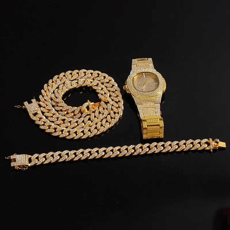 Gold Necklace +Watch+Bracelet Miami Curb Cuban Chain Gold Full Iced Out Paved Rhinestones CZ Bling nowadaysfashion